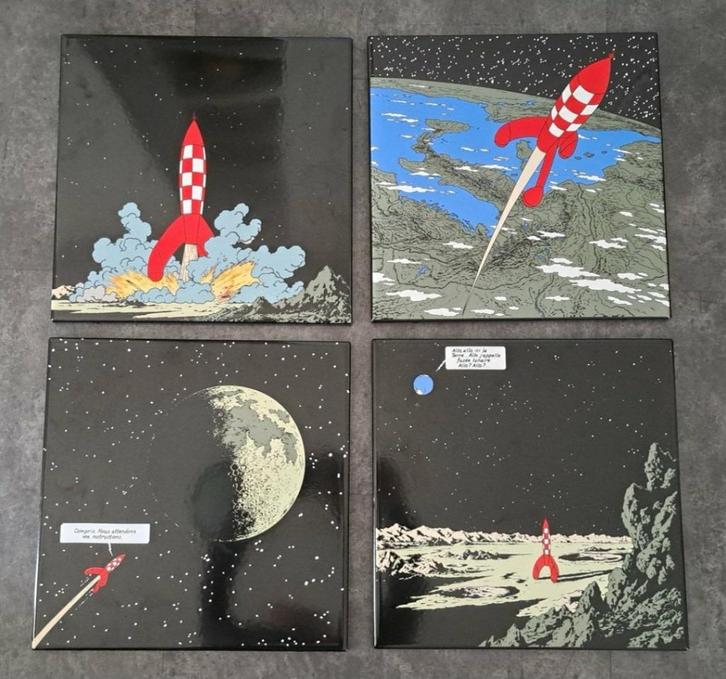 4 emaillen Kuifje borden raket naar de maan tintin, Verzamelen, Merken en Reclamevoorwerpen, Zo goed als nieuw, Reclamebord, Ophalen of Verzenden