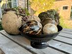 Elegante schaal met 4 houten decoratiebollen, Overige materialen, Schaal, Rond, Ophalen of Verzenden