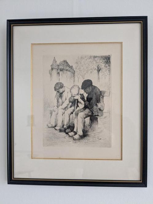 Ets Kurt Peiser - 3 mannen op een bank, Antiek en Kunst, Kunst | Etsen en Gravures, Ophalen