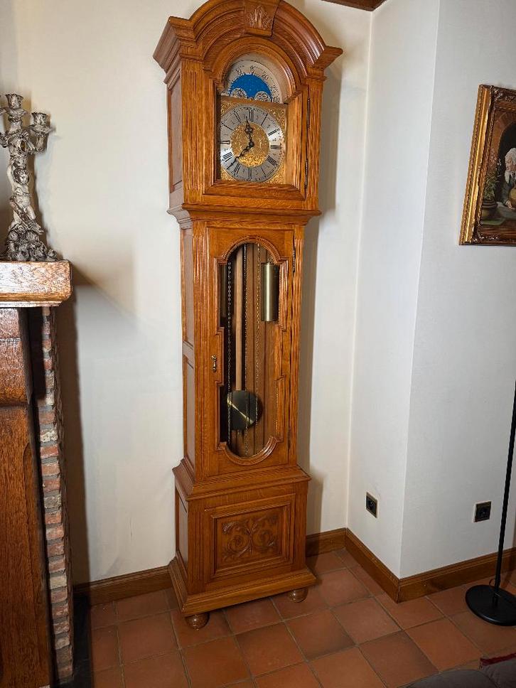 Massief eiken staanklok – mechanisch Urgo uurwerk – klassiek, Huis en Inrichting, Woonaccessoires | Klokken, Gebruikt, Staande klok