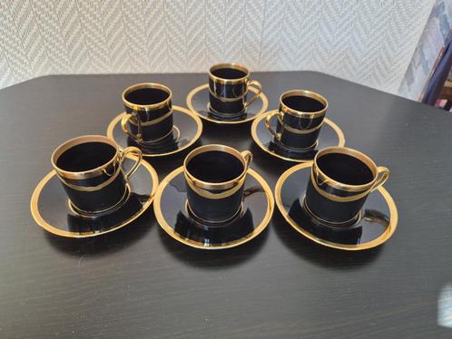 Set 6 blauwzwarte tassen met gouden rand Limoges France, Antiek en Kunst, Antiek | Servies los, Ophalen