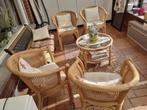 4 Rotan stoelen + tafeltje, Huis en Inrichting, Stoelen, Ophalen, Gebruikt, Bruin, Riet of Rotan