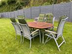 Teakhouten tafel en aluminium frame met 6 stoelen, Tuin en Terras, Tuintafels, Gebruikt, Hout, Ovaal
