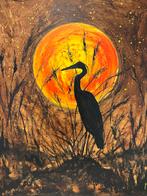 Schilderij reiger en maan door Mk Art, Ophalen of Verzenden