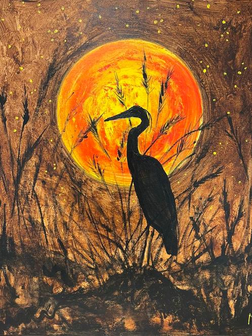 Schilderij reiger en maan door Mk Art, Antiek en Kunst, Kunst | Schilderijen | Modern, Ophalen of Verzenden