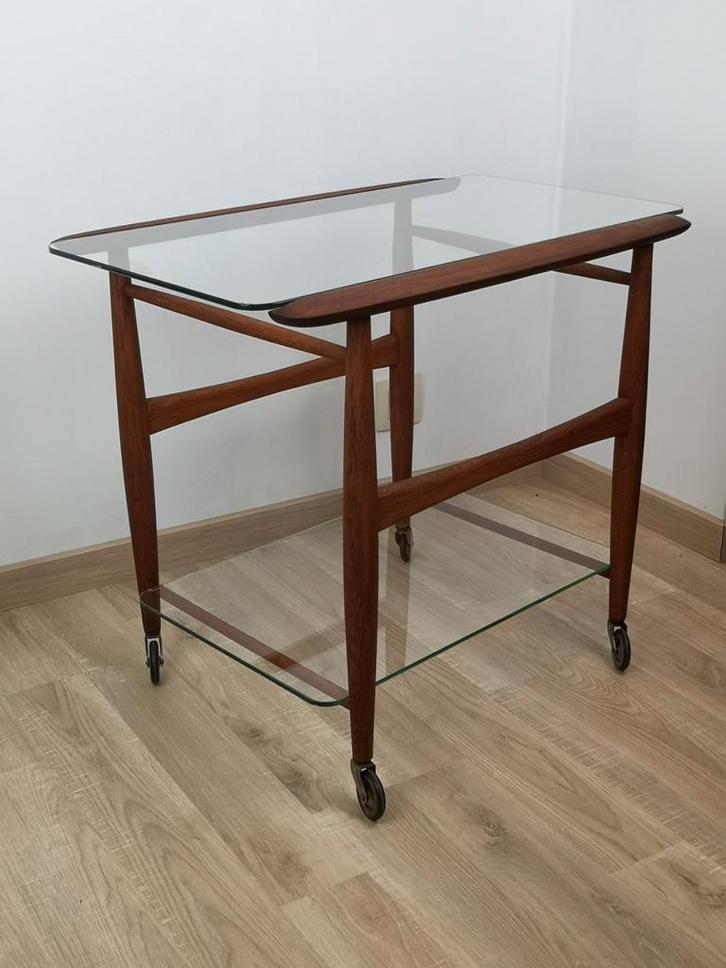 prachtig Mid-century teakhouten serveerwagen, bijzettafel, Huis en Inrichting, Tafels | Sidetables, Gebruikt, Glas, Ophalen