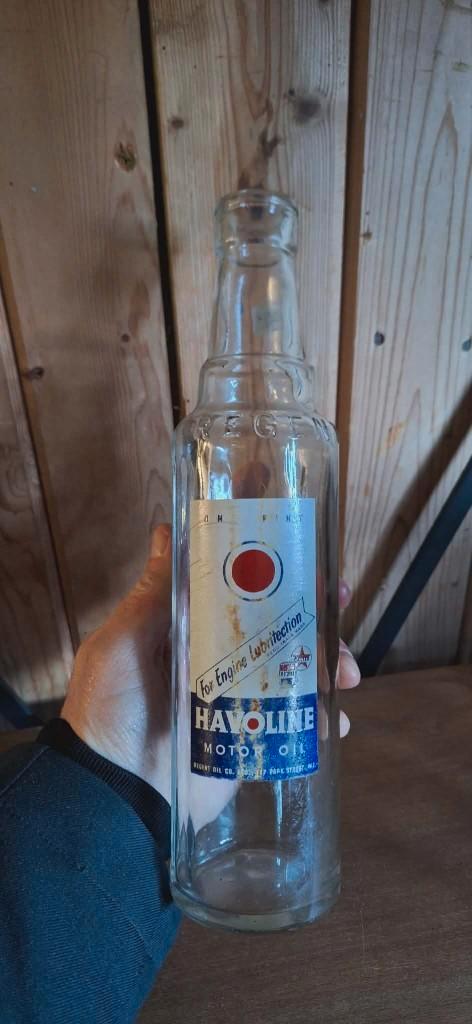 Vintage Havoline motorolie glazen fles️️, oliefles⛽️, Verzamelen, Merken en Reclamevoorwerpen, Gebruikt, Verpakking, Ophalen of Verzenden