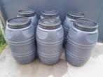 6 grijze tonnen met schroefdeksel, 225L, watervat, waterton, 150 liter of meer, Ophalen, Zo goed als nieuw, Kunststof