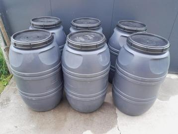 6 grijze tonnen met schroefdeksel, 225L, watervat, waterton, 150 litres ou plus, Enlèvement, Comme neuf, Synthétique