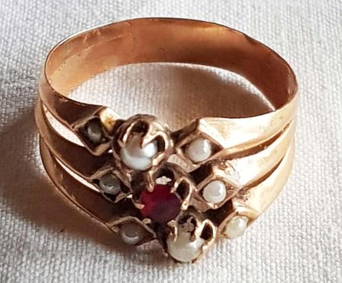 Ring Victoriaans 18kt goud zaadparels kleursteen., Handtassen en Accessoires, Antieke sieraden, Ring, Goud, Ophalen of Verzenden