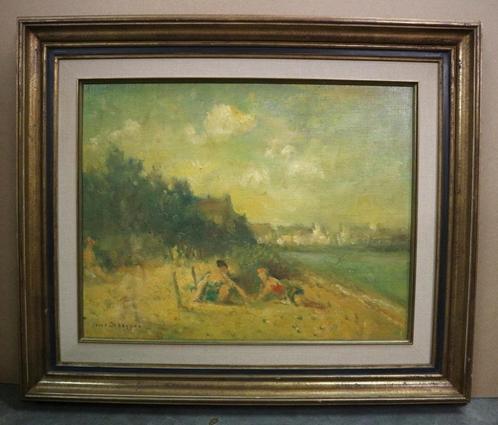 Louis DE SAEGER, verpozing aan de Schelde, Antiek en Kunst, Kunst | Schilderijen | Klassiek, Ophalen of Verzenden