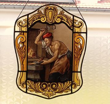 oud glasraam loodglas schilderij gesigneerd kunstwerk beschikbaar voor biedingen