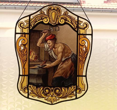 oud glasraam loodglas schilderij gesigneerd kunstwerk, Antiek en Kunst, Kunst | Schilderijen | Klassiek, Ophalen of Verzenden