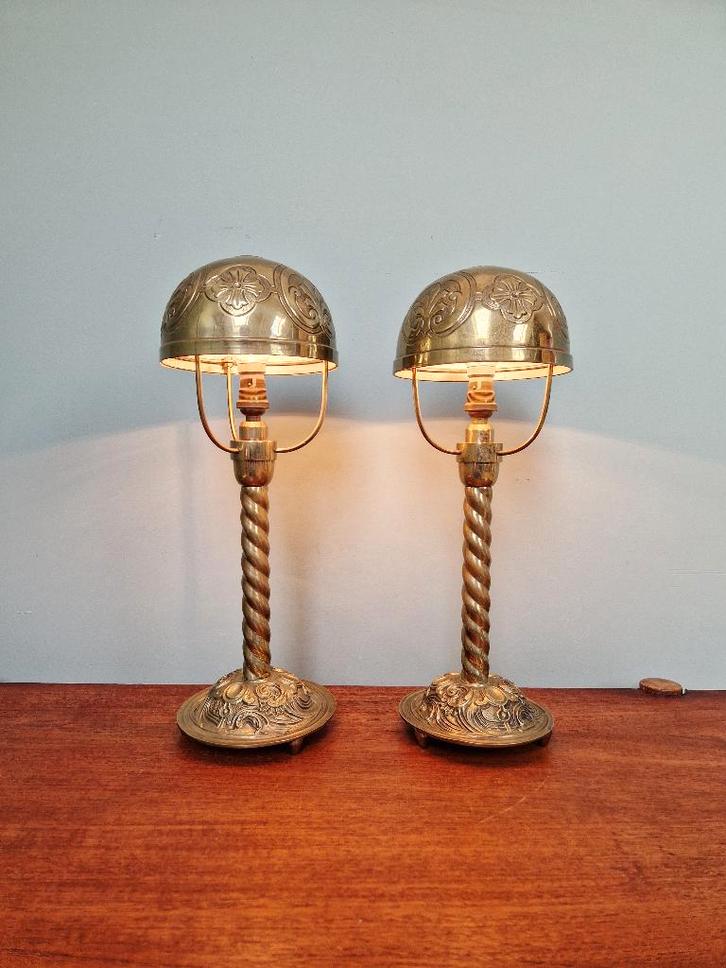 Paar tafellampen van brons en messing, begin 20e eeuw, Antiek en Kunst, Antiek | Verlichting, Ophalen of Verzenden