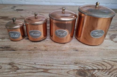 4 Franse koperen voorraadpotten , thé, sucre, café & farine, Antiek en Kunst, Curiosa en Brocante, Ophalen of Verzenden