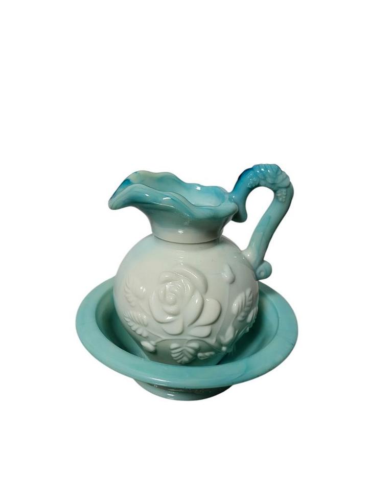 Jaren 70 Avon Blauw-Wit Opaline Vaas en Schotel Set -, Antiek en Kunst, Antiek | Keramiek en Aardewerk, Ophalen of Verzenden