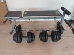Vertelbare fitnessvank Domyos met curlstang en dumbbelset, Sport en Fitness, Ophalen, Gebruikt, Fitnessbank