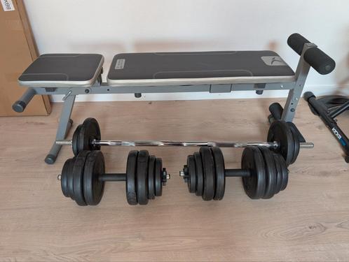 Vertelbare fitnessvank Domyos met curlstang en dumbbelset, Sport en Fitness, Fitnessmaterialen, Gebruikt, Fitnessbank, Ophalen