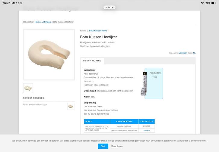 Bota hoefijzer kussen met extra hoes (ongebruikt), Sport en Fitness, Gezondheidsproducten en Wellness, Zo goed als nieuw, Ophalen of Verzenden