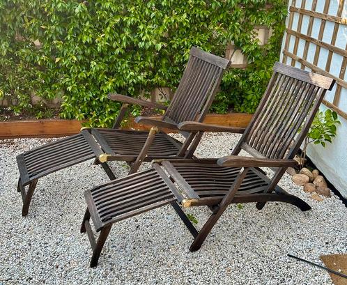 2 deckchairs teak met nieuwe kussens, Tuin en Terras, Ligbedden, Gebruikt, Teakhout, Inklapbaar, Verstelbaar, Ophalen