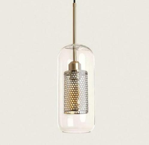 Lampe suspendue LED dorée industrielle + lanterne en verre, Maison & Meubles, Lampes | Suspensions, Neuf, 50 à 75 cm, Verre, Métal