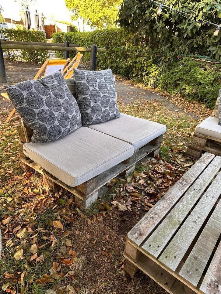 Pallet lounge (europallet), Tuin en Terras, Tuinsets en Loungesets, Gebruikt, Loungeset, Hout, 6 zitplaatsen, Bank, Ophalen