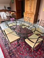 Table fer forgé verre et 6 chaises, 100 tot 150 cm, 150 tot 200 cm, Zo goed als nieuw, Fer forgé