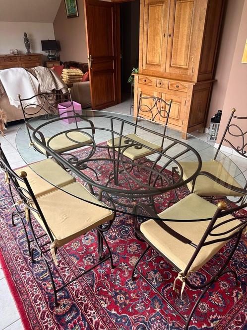 Table fer forgé verre et 6 chaises, Huis en Inrichting, Tafels | Eettafels, Zo goed als nieuw, 100 tot 150 cm, 150 tot 200 cm