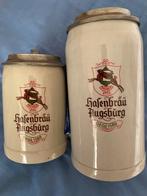 Lot de 2 chopes en grès avec couvercle "Hasenbräu ", Enlèvement ou Envoi, Comme neuf, Chope(s)