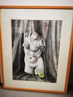Torso met citroen, zwart krijt en pastel, ingekaderd, 85x69, Antiek en Kunst, Ophalen