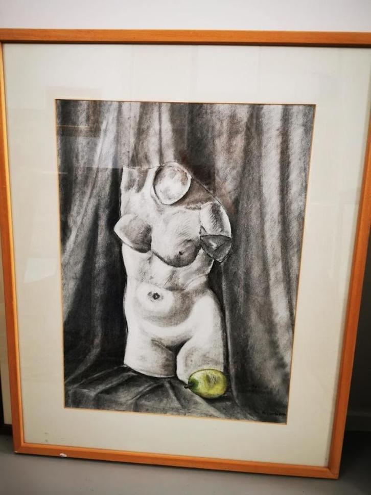 Torso met citroen, zwart krijt en pastel, ingekaderd, 85x69, Antiek en Kunst, Kunst | Schilderijen | Modern, Ophalen