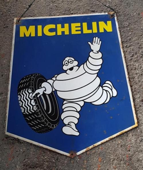 Michelin Bibendum oud emaillen dubbelzijdig reclame bord, Collections, Marques & Objets publicitaires, Utilisé, Panneau publicitaire