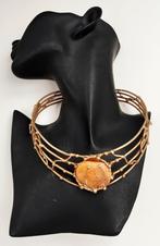Sublieme bronzen Art Brut ketting met honeycomb amber, Handtassen en Accessoires, Kettingen, Ophalen of Verzenden