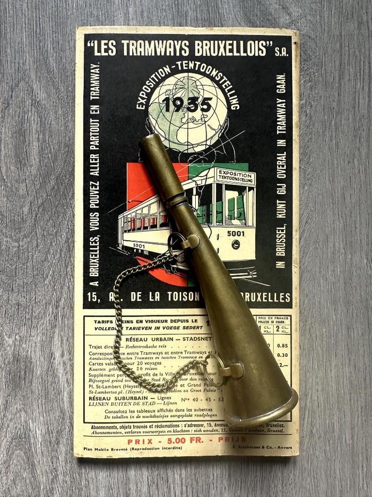 Plan tramways Bruxellois 1935 + koperen controlehoorn -40€, Verzamelen, Spoorwegen en Tram, Zo goed als nieuw, Tram, Kaart of Prent