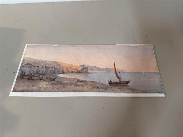 Antiek Aquarel Landschap - Zuid-Europese Kustlijn - 19e Eeuw, Antiek en Kunst, Kunst | Schilderijen | Klassiek, Ophalen of Verzenden