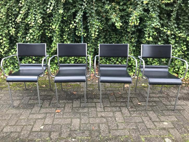 4x Stoelen design - Leer & Geborsteld staal   µf, Maison & Meubles, Chaises, Cuir, Enlèvement ou Envoi