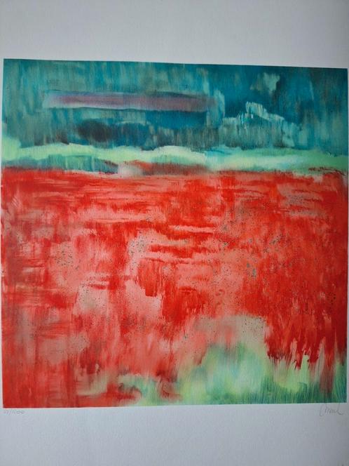 Kleurrijke litho van Merel Landschap in groen en rood, Antiek en Kunst, Kunst | Litho's en Zeefdrukken, Ophalen of Verzenden