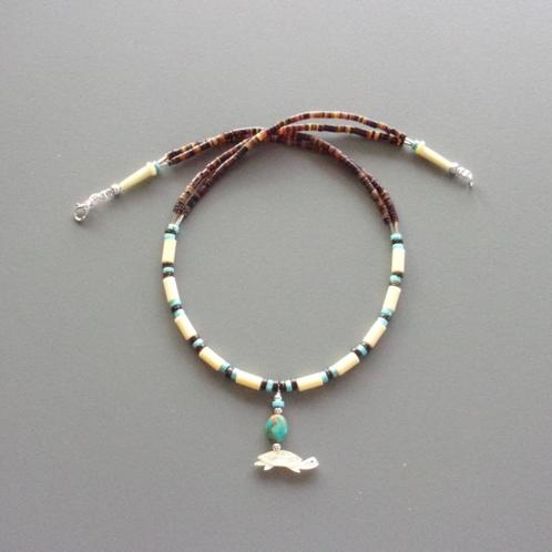 Indiaanse damesketting met Zuni schildpad fetisj hanger, Handtassen en Accessoires, Kettingen, Nieuw, Zilver, Wit, Met edelsteen