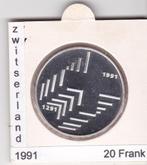 Zwitserland 20 franc 1991, Zilver, Ophalen of Verzenden, Losse munt
