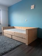 eenpersoonsbed in naturel hout, Ophalen, Gebruikt, 90 cm, Eenpersoons