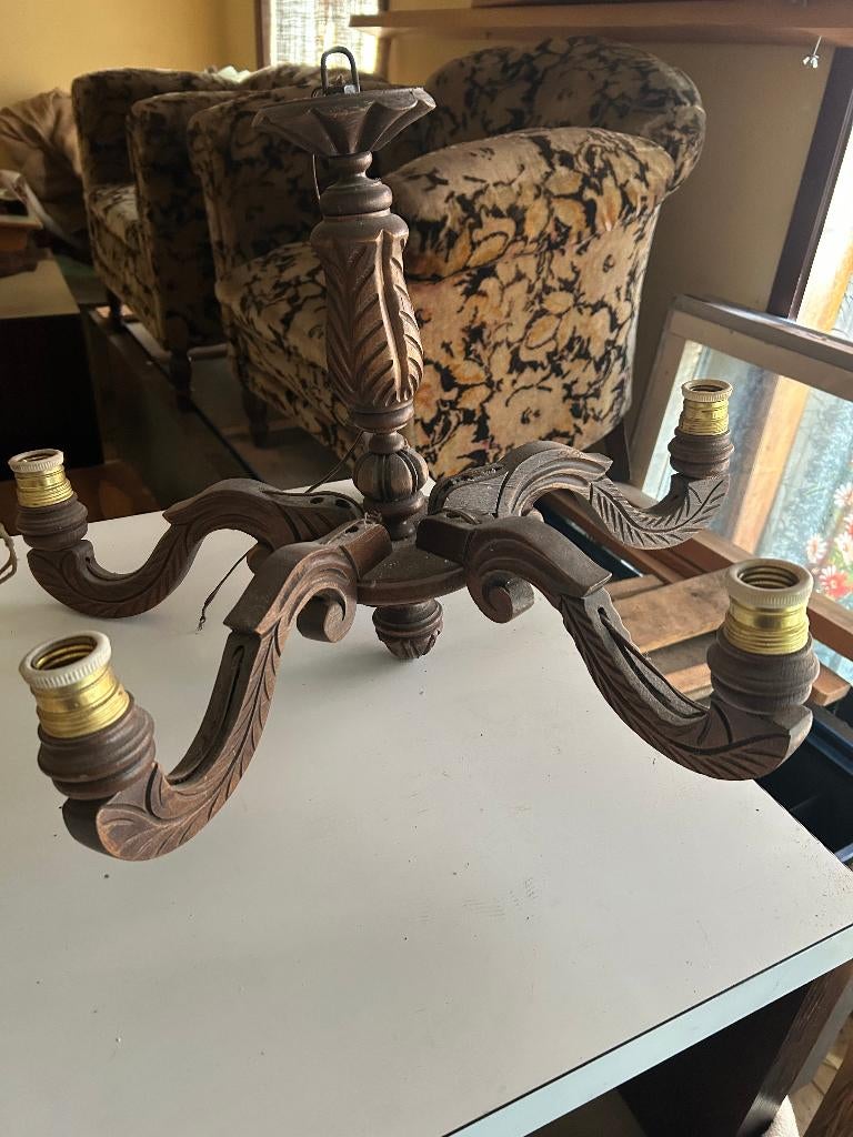 Vintage houten hang armluster van 1958, Huis en Inrichting, Lampen | Kroonluchters, Ophalen, Hout