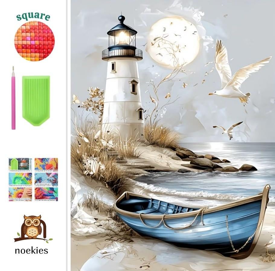 Nr 184 Diamond Painting phare bateau 40x30cm (carré), Neuf, Autocollant, Diamond painting, Blanc