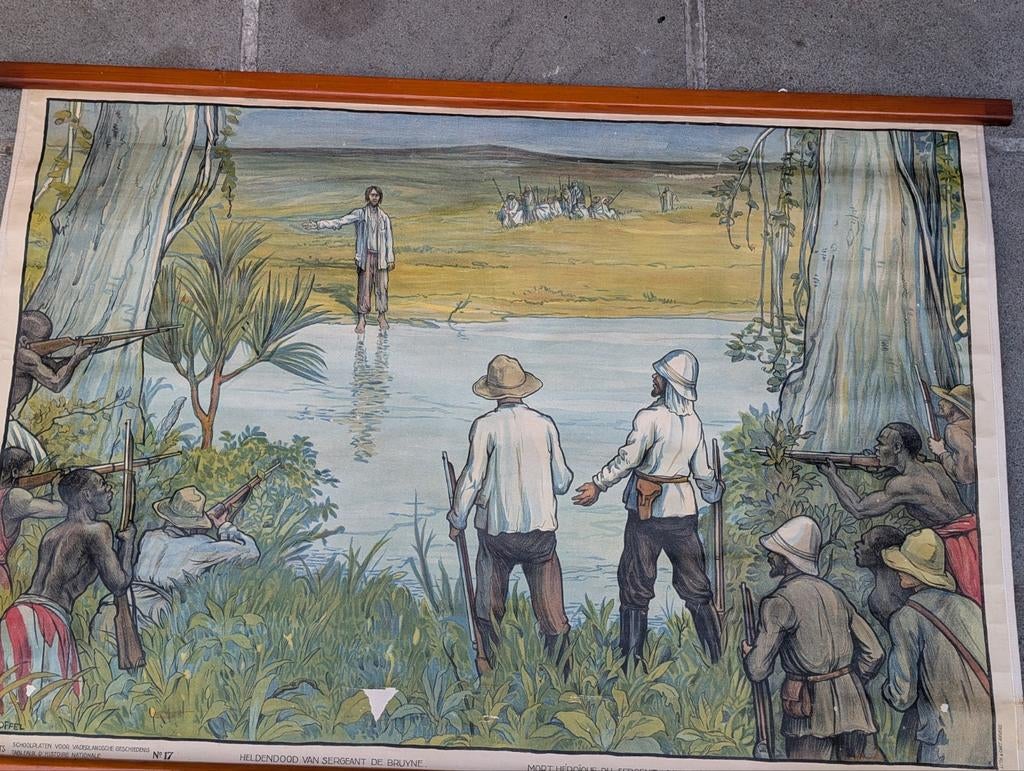 Schoolplaat Heldendood van sergeant De Bruyne, Antiek en Kunst, Antiek | Schoolplaten, Ophalen