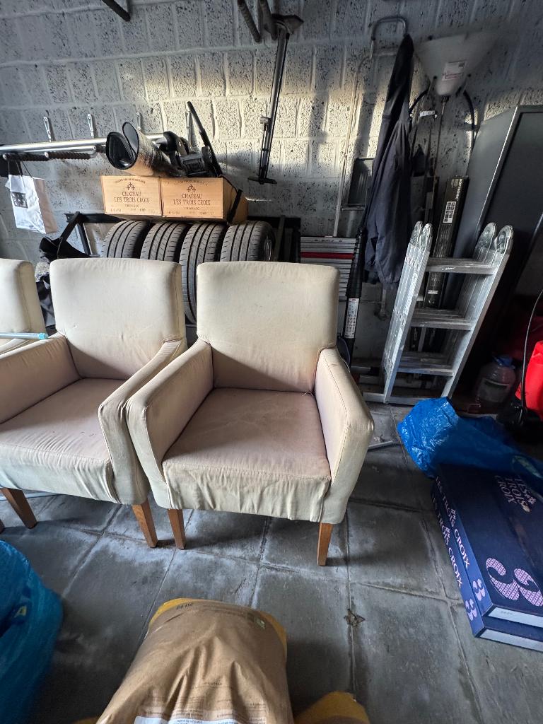 4 chaises en chêne et tissu style Jan Des Bouvrie, Maison & Meubles, Chaises, Gris, Jan de Bouvries, Enlèvement, Utilisé