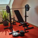 Fitnessbank, steunen, halterstang (barbell), 88kg gewichten, Sport en Fitness, Ophalen, Zo goed als nieuw, Benen, Fitnessbank
