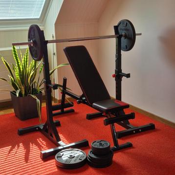 Fitnessbank, steunen, halterstang (barbell), 88kg gewichten beschikbaar voor biedingen