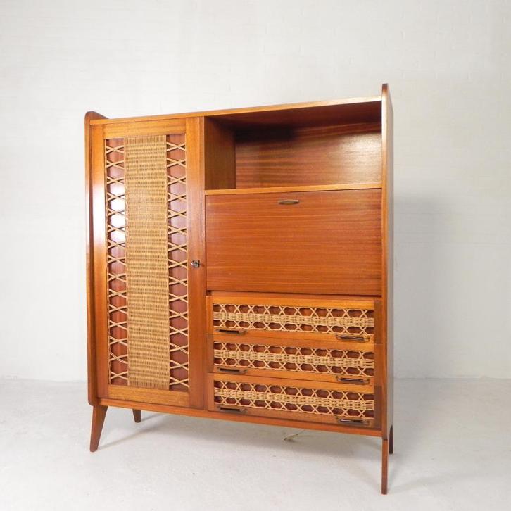 Vintage kast, secretaire in rotan en hout, jaren 60, Maison & Meubles, Armoires | Secrétaires, Enlèvement ou Envoi