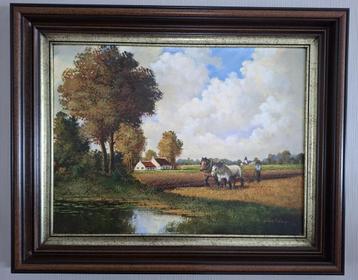 Schilderij - landschap met boerderij en trekpaarden (Rik Mul beschikbaar voor biedingen
