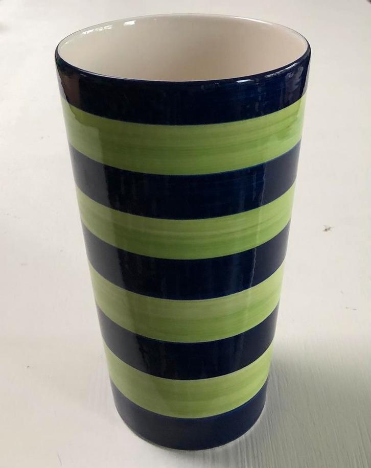 vintage IKEA vaas 21 cm groen blauw gestreept jaren 90, Huis en Inrichting, Woonaccessoires | Vazen, Zo goed als nieuw, Blauw