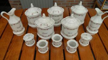 Pots de rangement anciens en porcelaine avec inscription